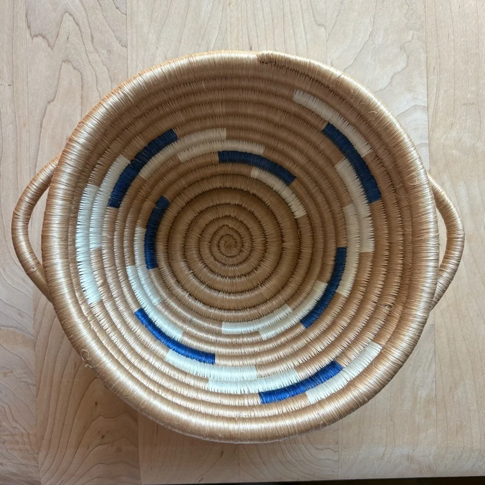 Handwoven Rwandan Lidded Basket Blue & Natural Fair Trade Storage Basket